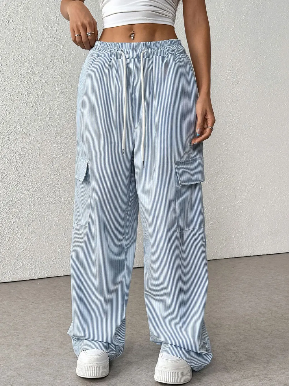 Drawstring Striped Wide Leg Cargo Pants