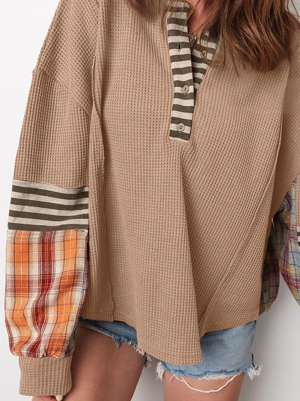 Waffle Stripe Plaid Patchwork Henley Knit Top, image 3