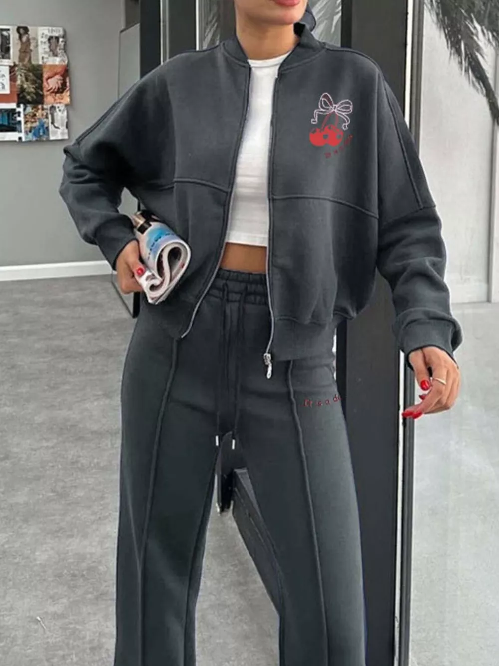 Zip Up Dropped Shoulder Outerwear and Pants Set, image 15