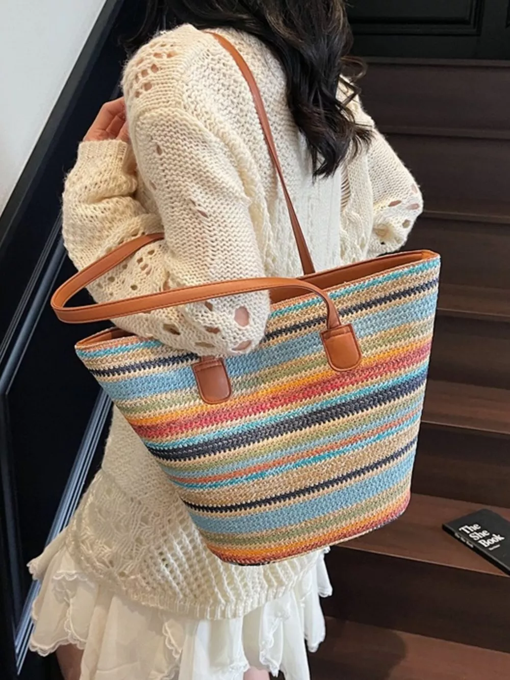 Striped Woven Shoulder Bag, image 3