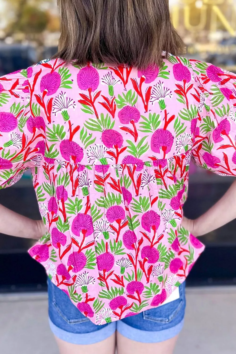 Floral Print Short Sleeve Contrast Patchwork Tassel Tie Blouse, image 7