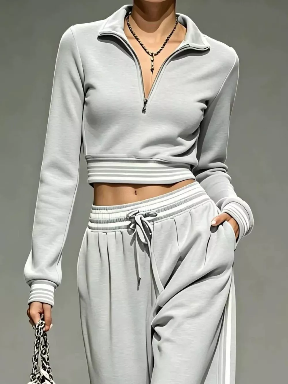 Full Size Half Zip Cropped Top and Pants Set Plus Size, image 24
