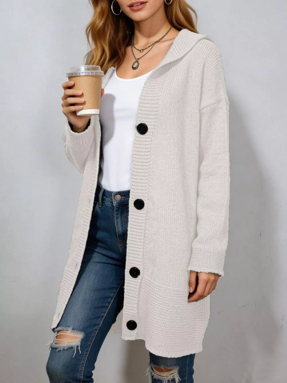 Full Size Casual Hooded Button-Down Knit Cardigan Plus Size