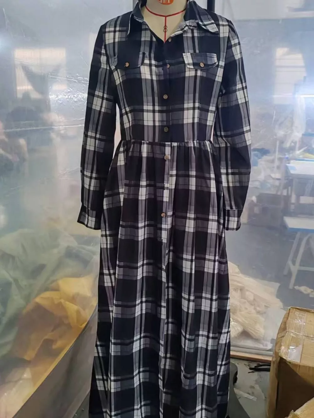 Full Size Plaid Long Sleeve Shirt Maxi Dress Plus Size, image 5