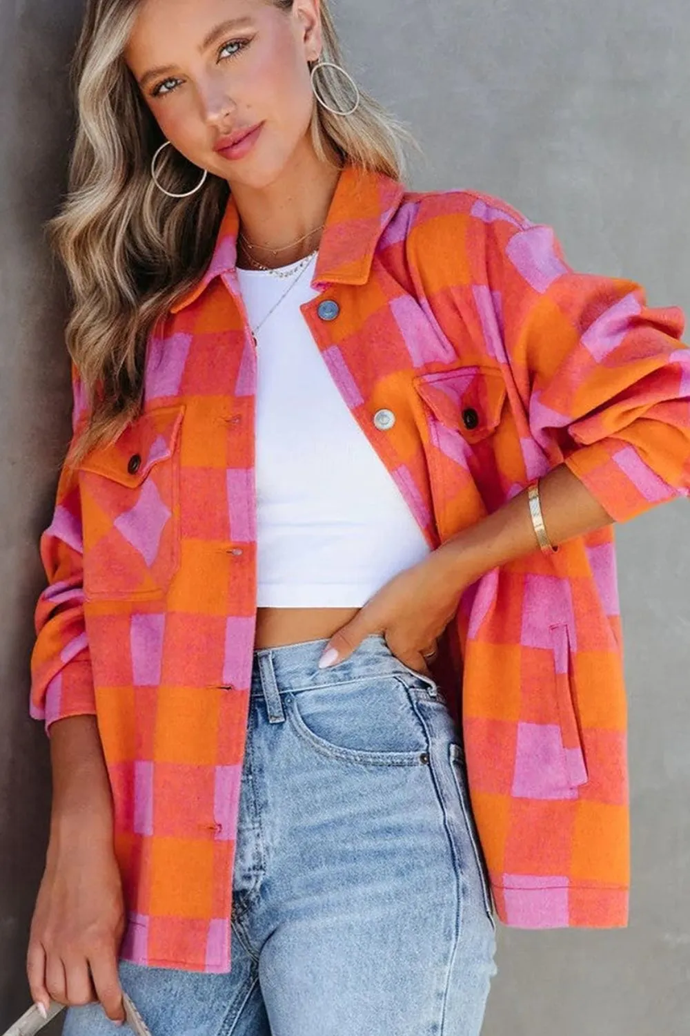 Plaid Collared Neck Button Up Jacket, image 8