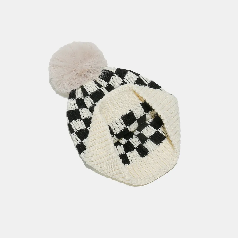 Checkered Knit Hat with Pompom, image 4