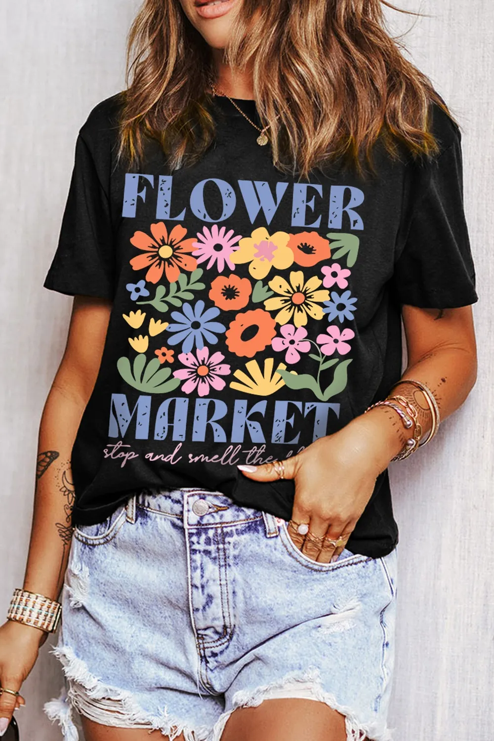 Flower Market Graphic Round Neck T-Shirt