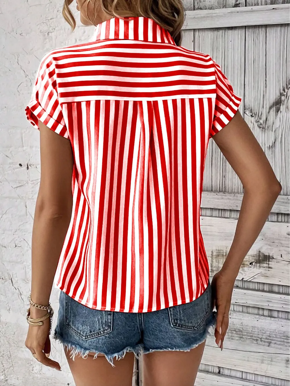 Striped Button-Up Short Sleeve Shirt with Pocket, image 7