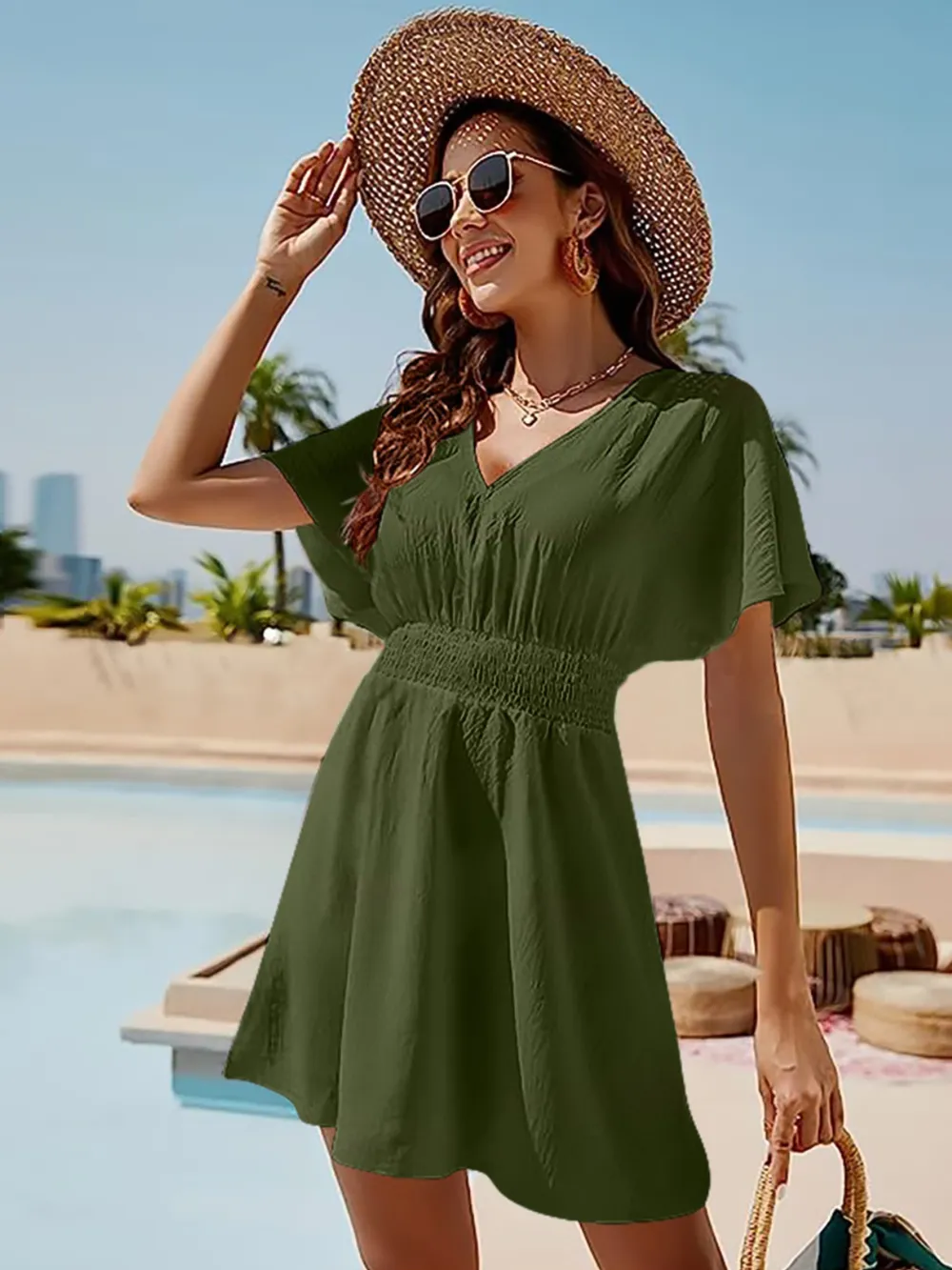 Smocked V-Neck Short Sleeve Dress, image 13