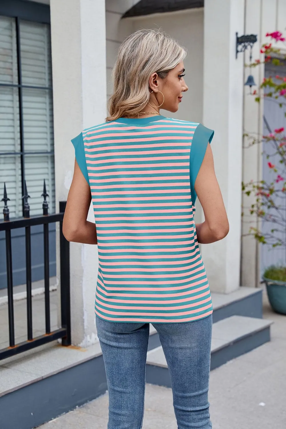 Contrast Striped Round Neck T-Shirt, image 17