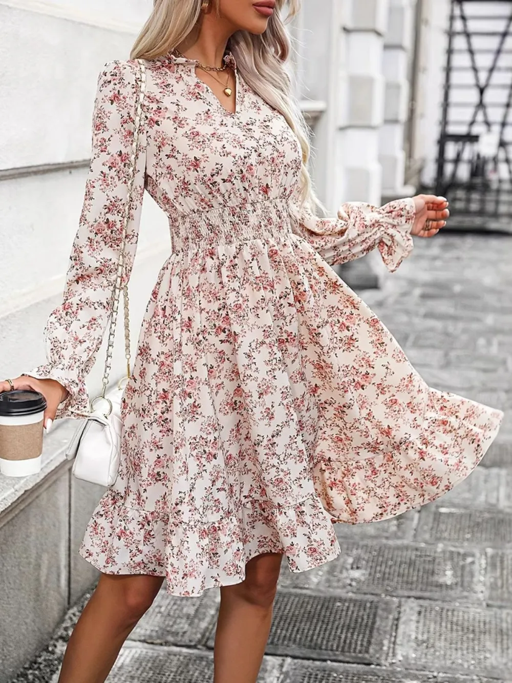 Ruffle Hem Floral Surplice Long Sleeve Dress, image 3