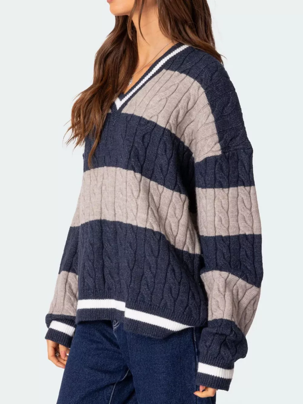 Striped Cable Knit V-Neck Sweater, image 8