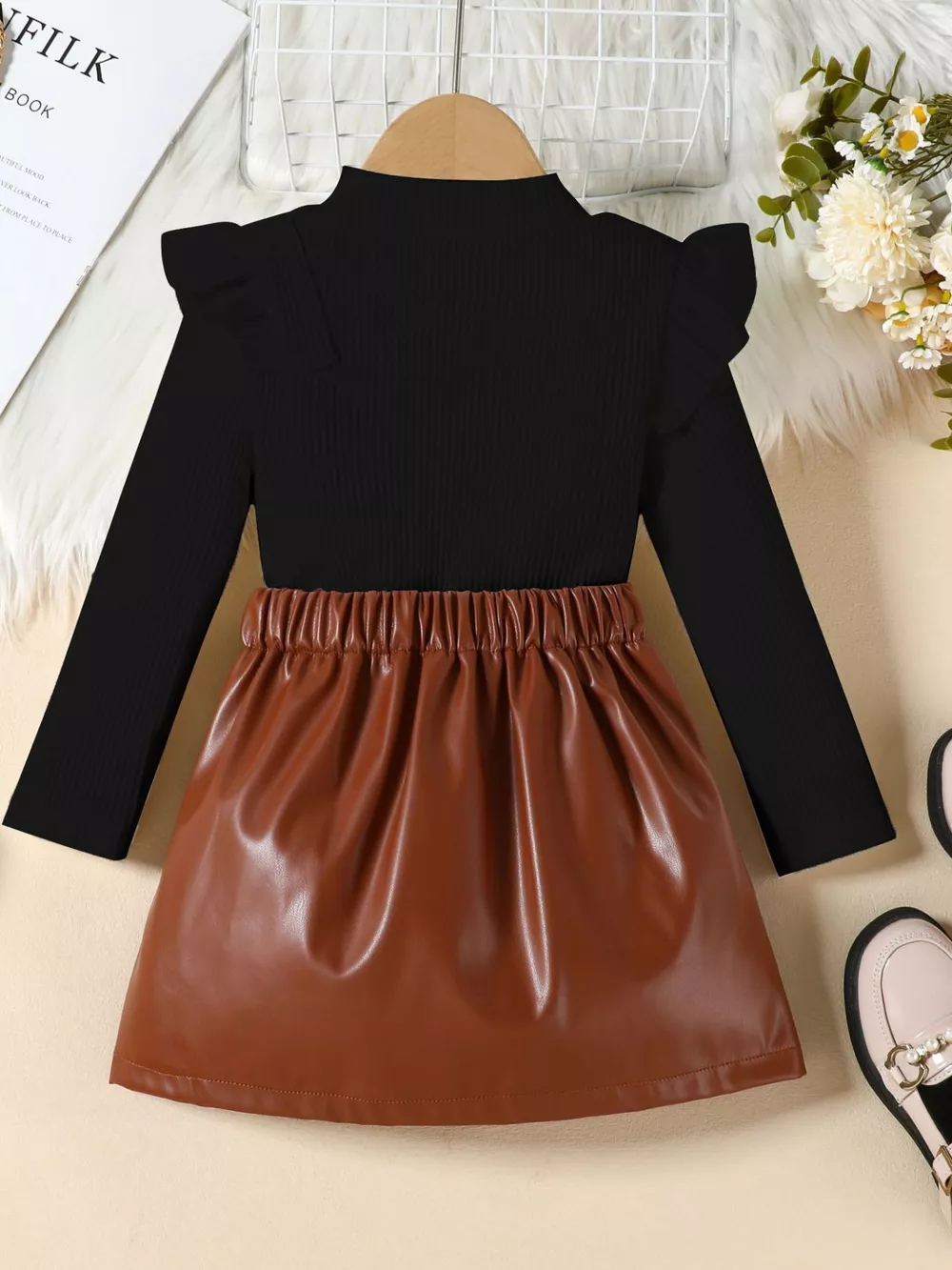 Children's Ruffled Trim Ribbed Top & Faux Leather Skirt Set, image 15