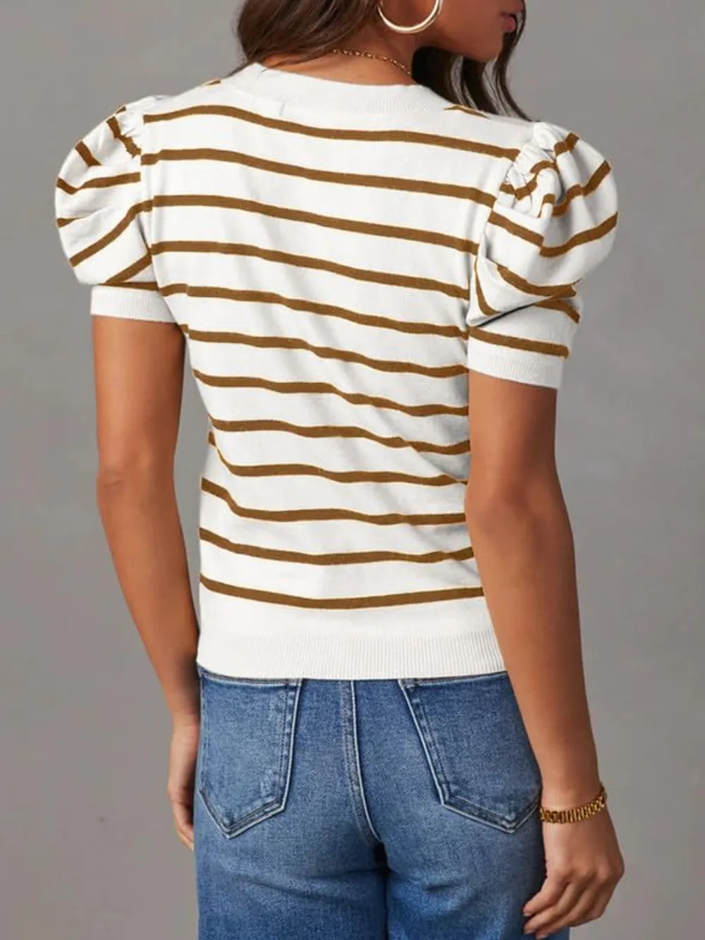 Striped Round Neck Puff Sleeve Knit Top, image 7
