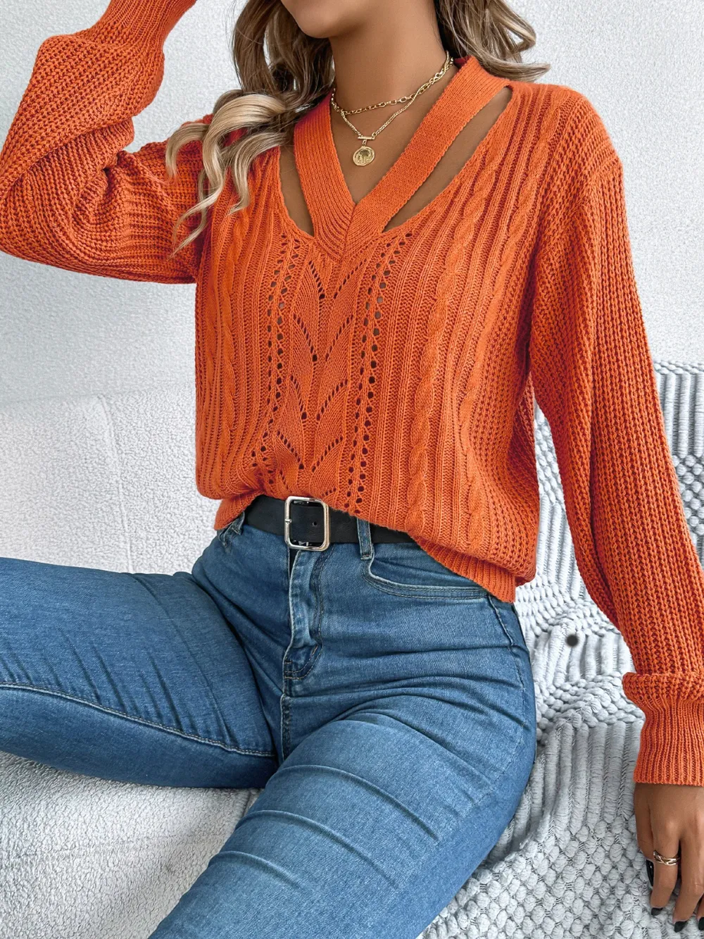 Cutout V-Neck Long Sleeve Sweater, image 9