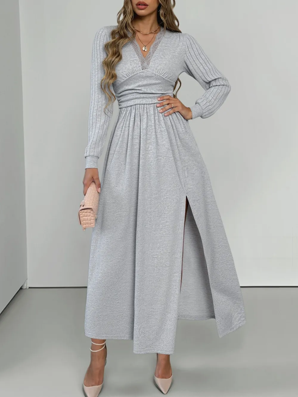 Lace Detail V-Neck Maxi Dress with Side Slit, image 2