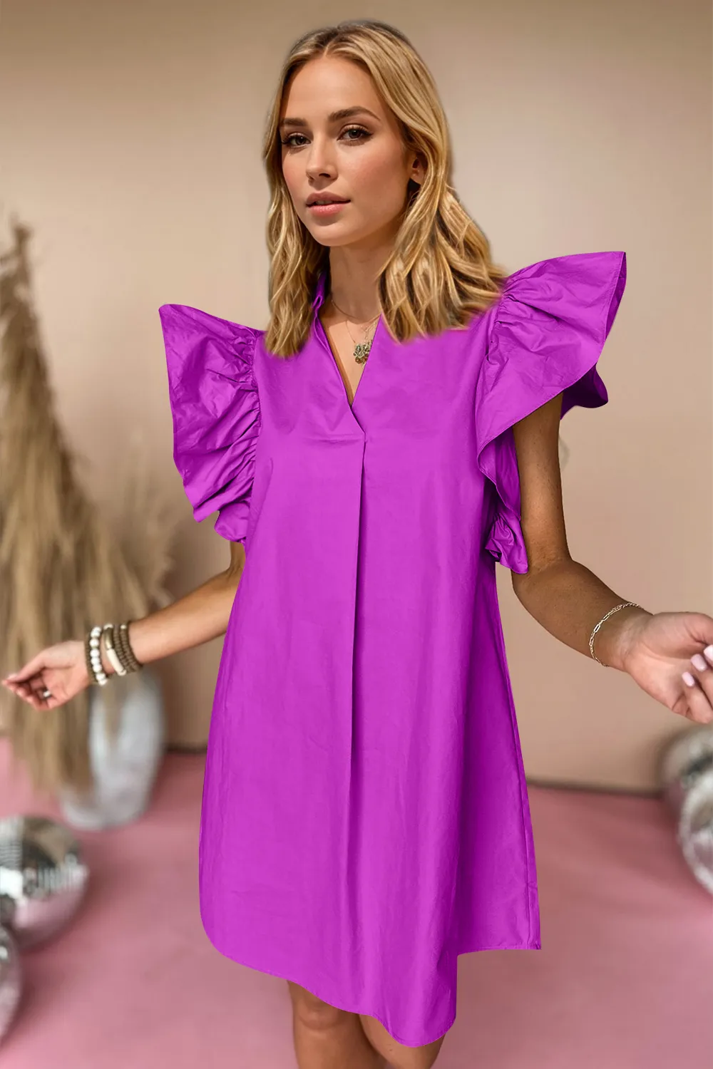 Ruched Jnny Collar Cap Sleeve Mini Dress, image 3