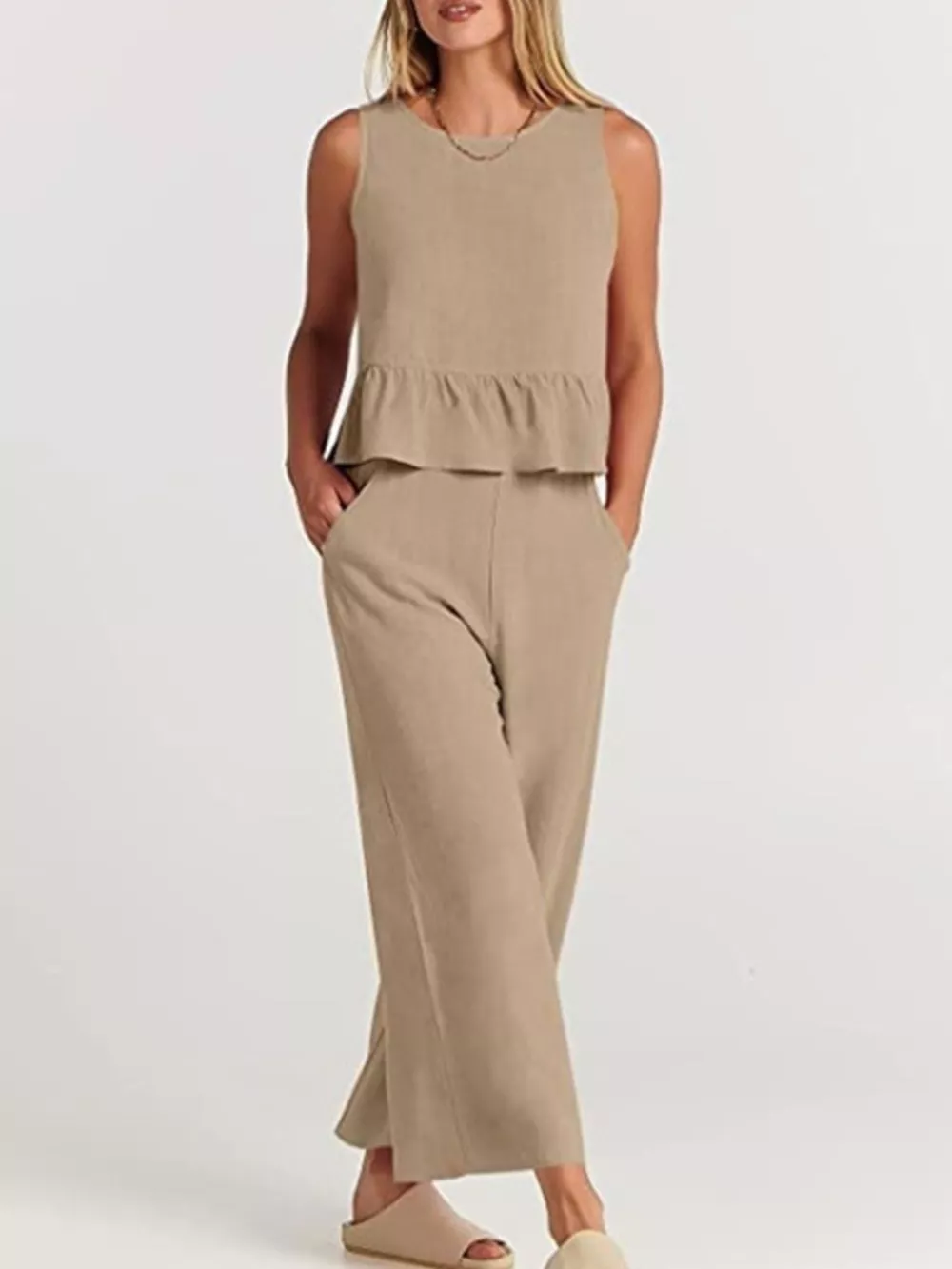 Full Size Ruffled Hem Sleeveless Top and Wide-Leg Pants Set Plus Size, image 17