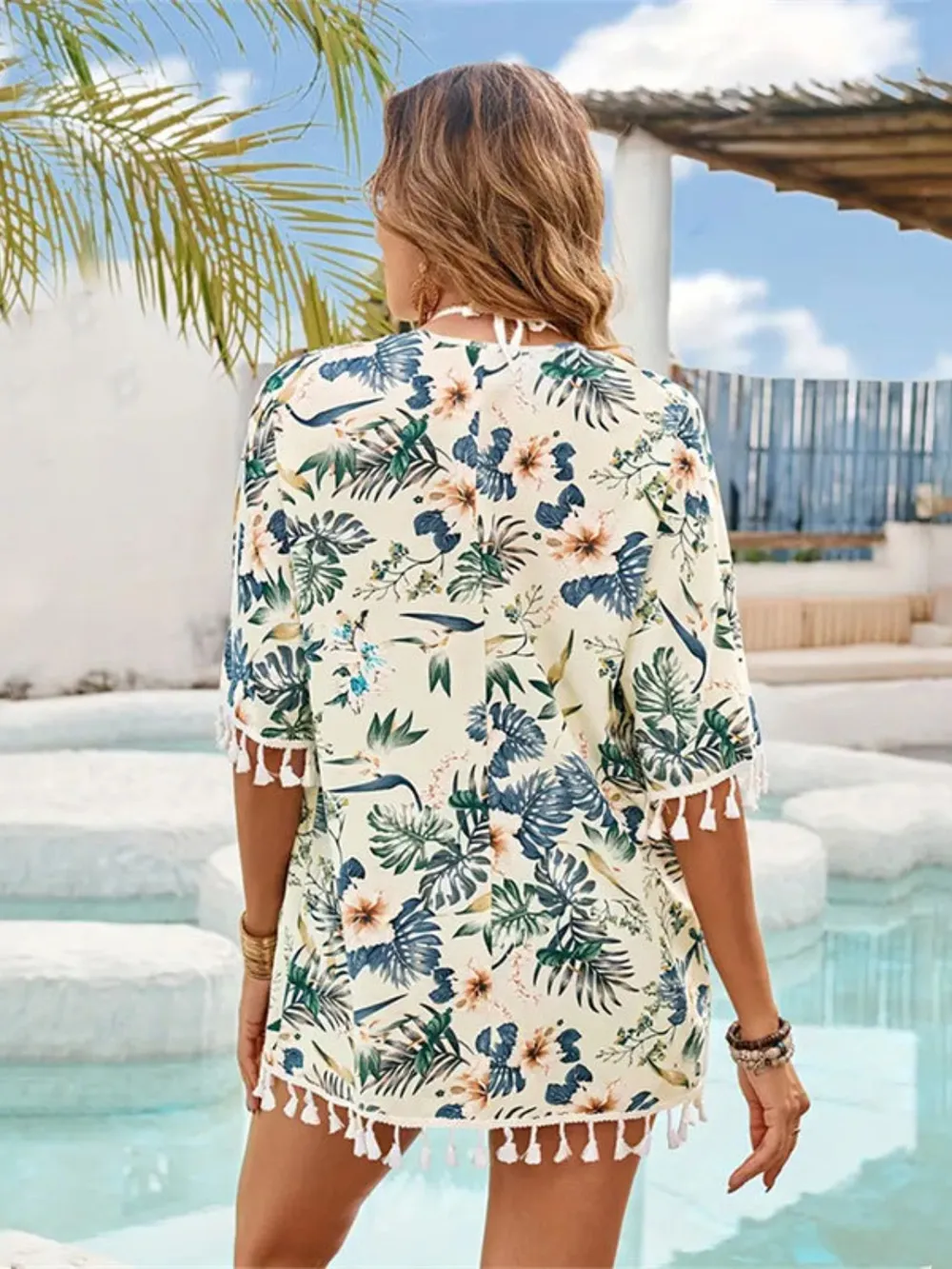 Tassel Printed Open Front Half Sleeve Cover-Up, image 2