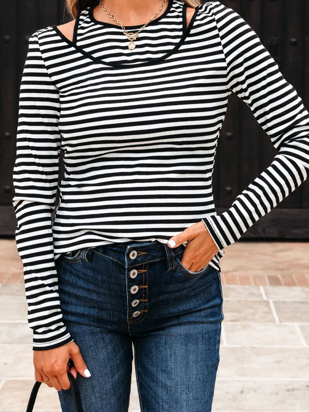 Stripe Double-layer Cold Shoulder Long Sleeve Top, image 4