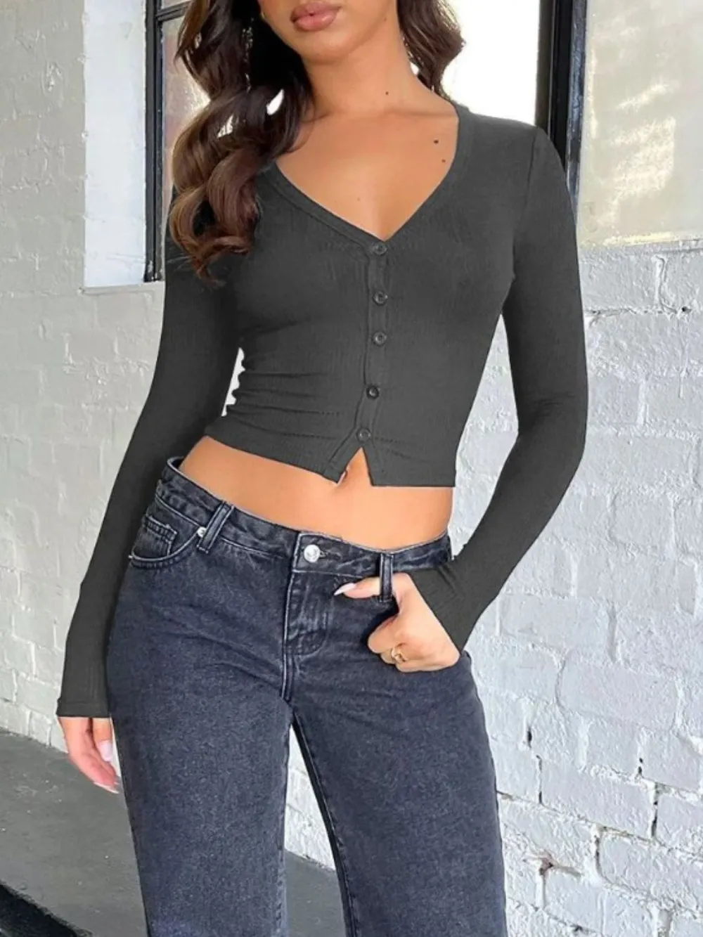 Buttoned V-Neck Long Sleeve T-Shirt, image 12