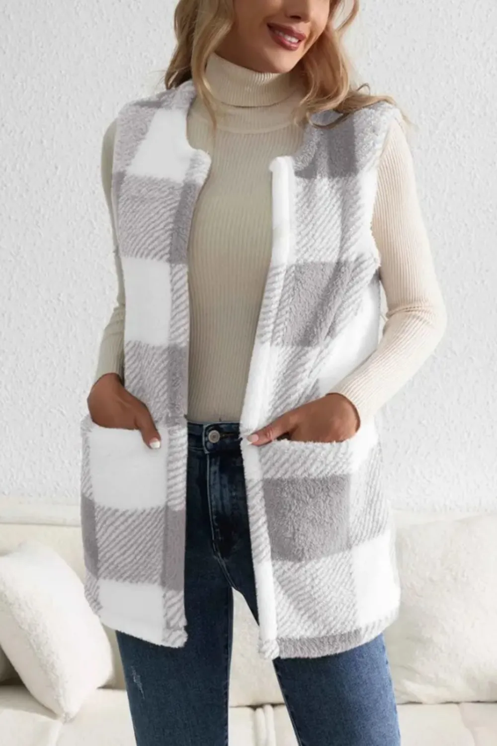 Sherpa Plaid Open Front Vest Coat, image 9