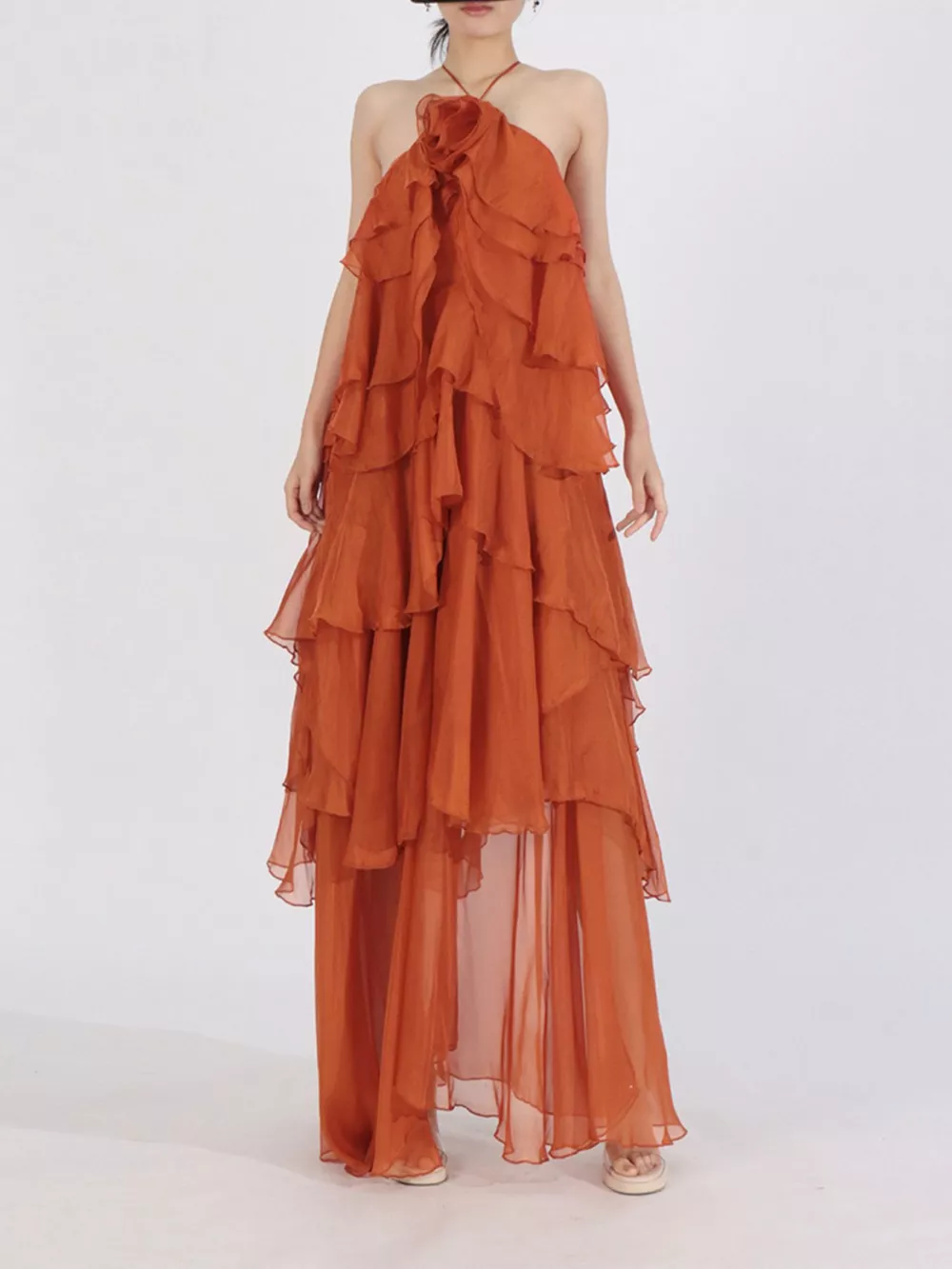 Ruffled Chiffon Halter Neck Maxi Dress, image 2