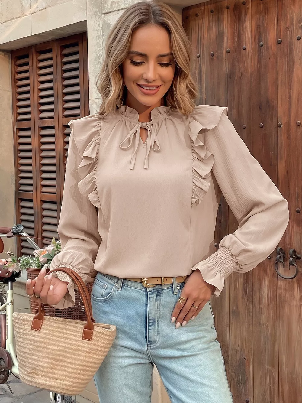 Ruffled Tie Neck Long Sleeve Blouse, image 2