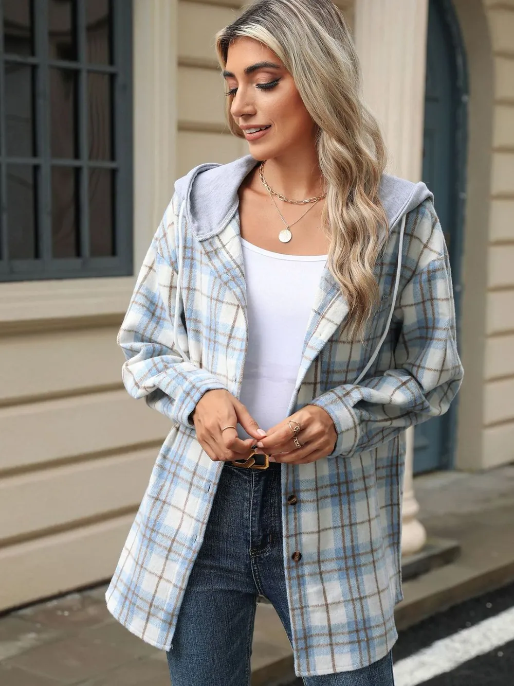 Drawstring Plaid Button Up Hooded Jacket, image 16
