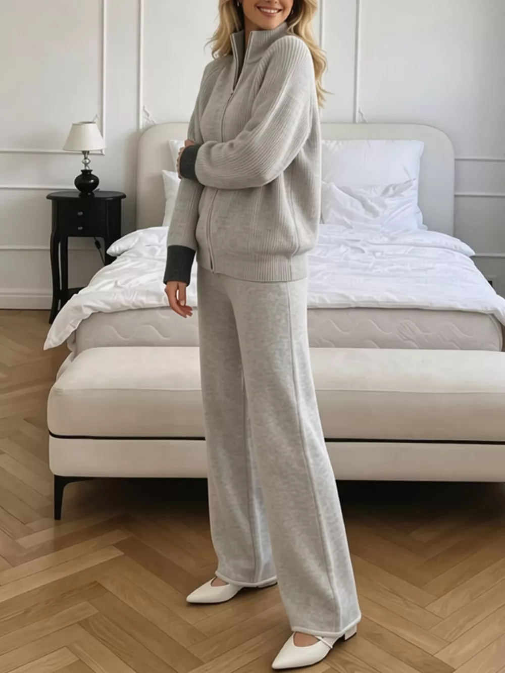 Zip-Up Contrast Cuff Cardigan and Pants Sweater Set, image 6