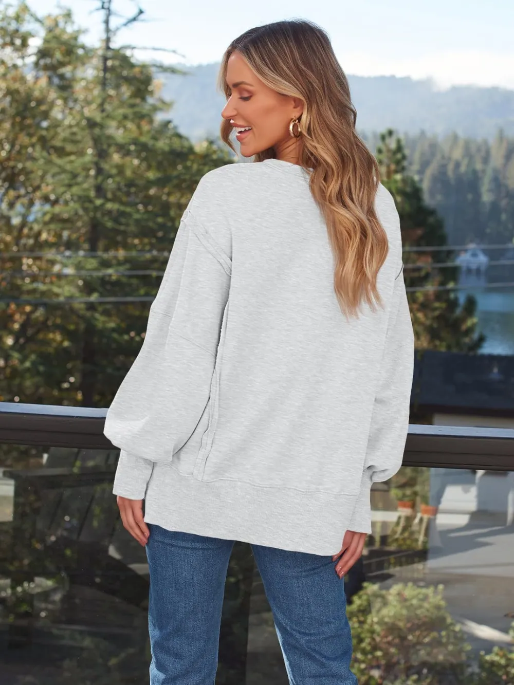 Slit Round Neck Long Sleeve Sweatshirt, image 6