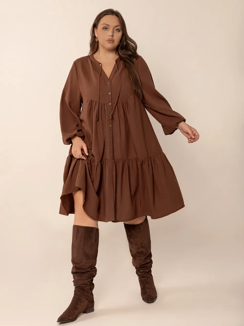 Plus Size Tie Neck Balloon Sleeve Tiered Dress, image 5