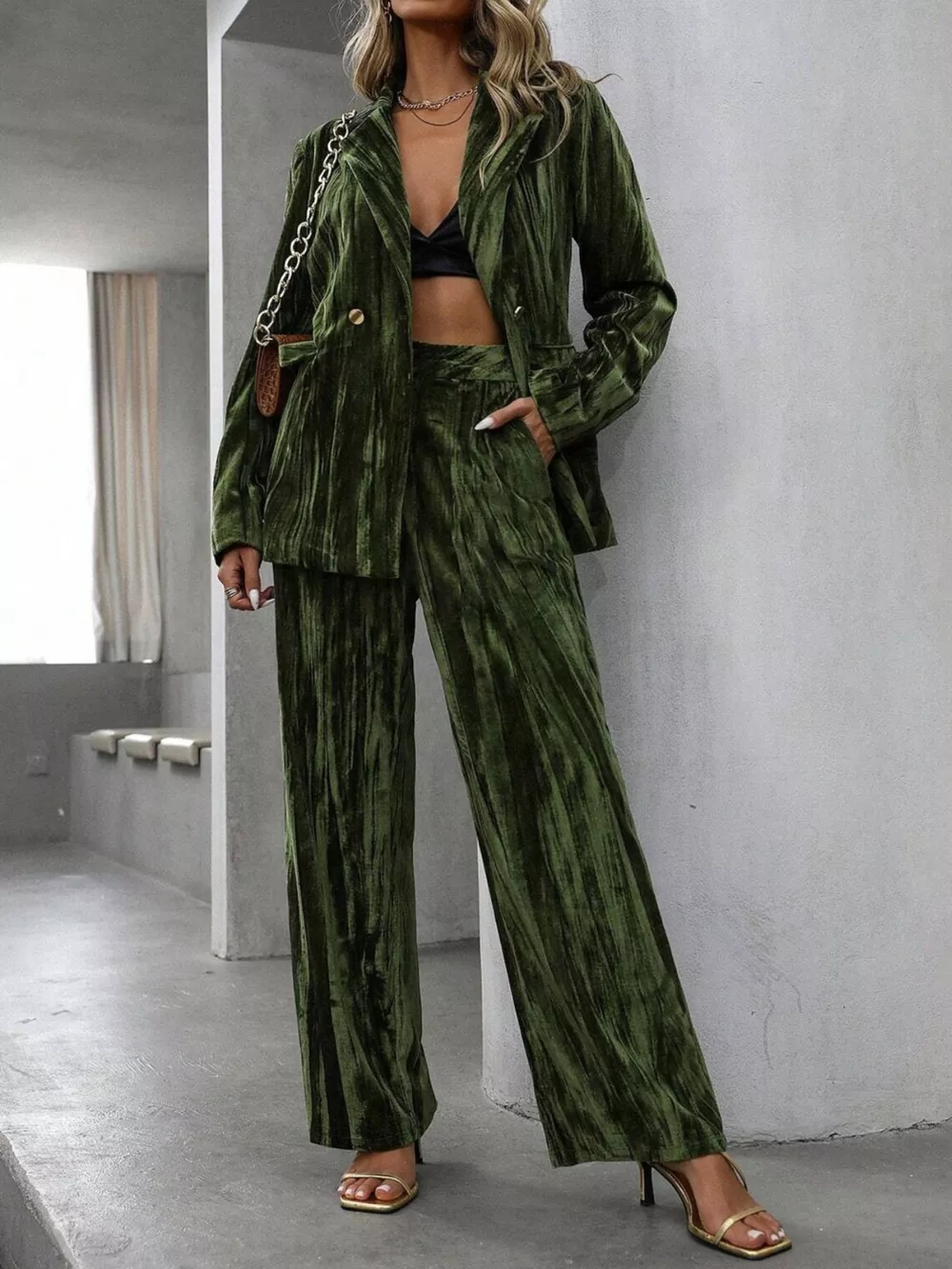 Lapel Collar Long Sleeve Blazer and Pants Set