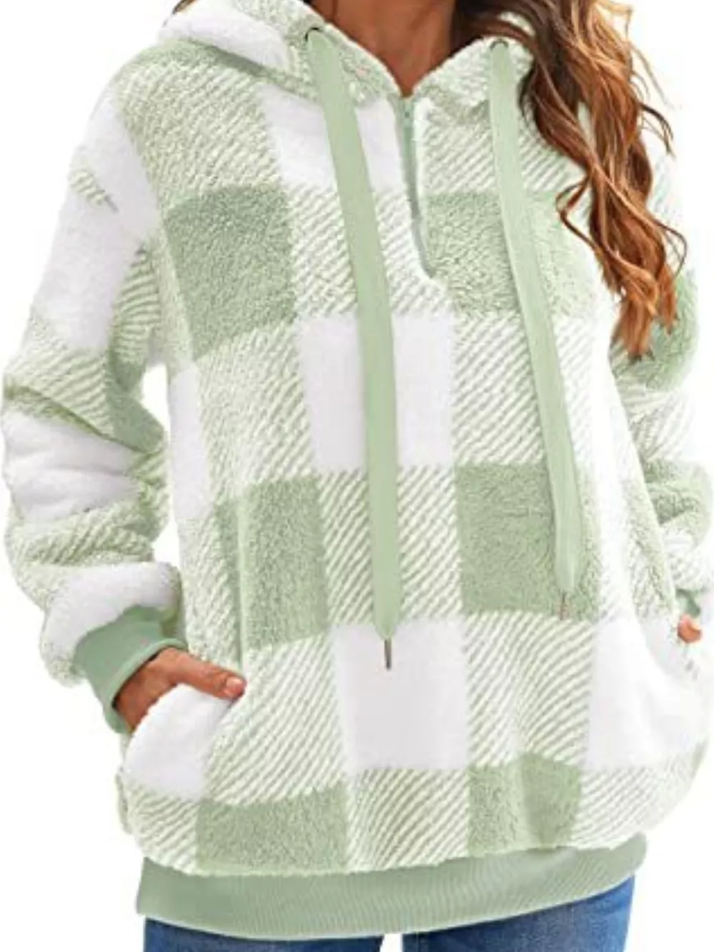 Full Size Plaid Sherpa Drawstring Hoodie Plus Size, image 14