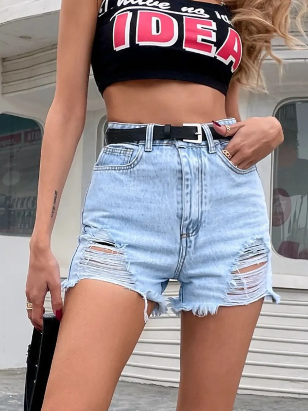 Distressed Raw Hem Denim Shorts, image 3