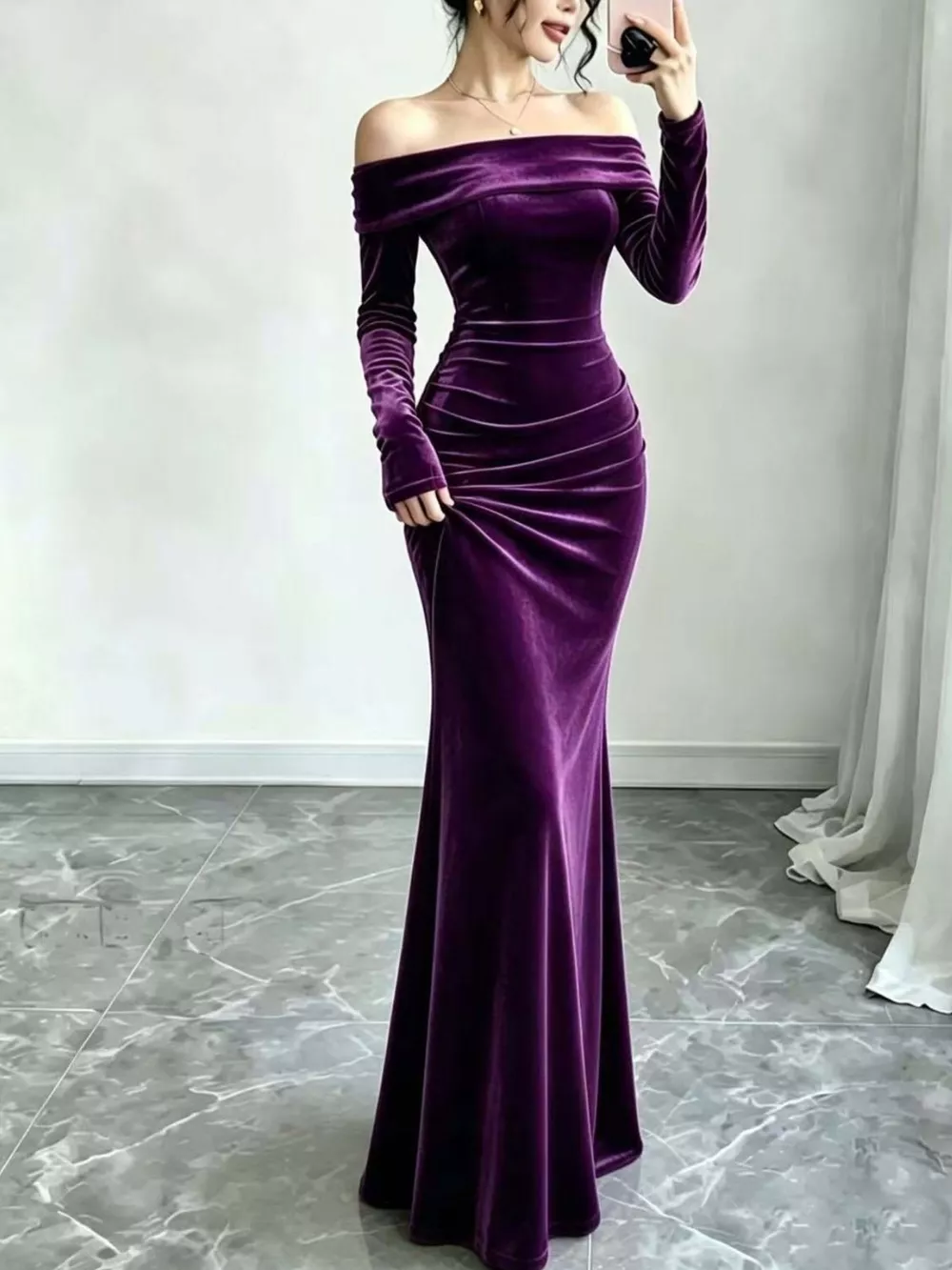 Full Size Off-Shoulder Velvet Mermaid Maxi Dress Plus Size, image 13