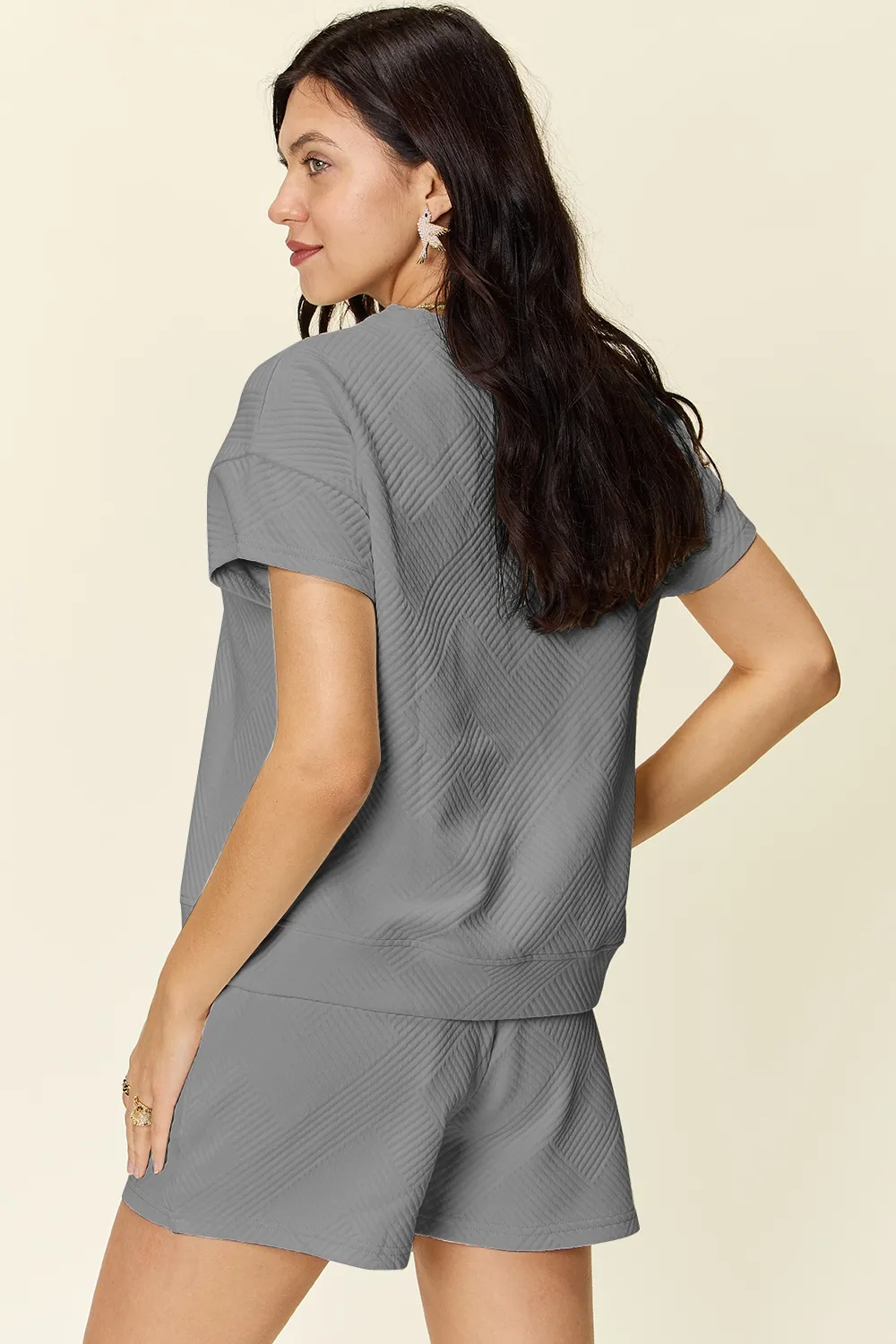 Full Size Texture Short Sleeve T-Shirt and Drawstring Shorts Set, image 25