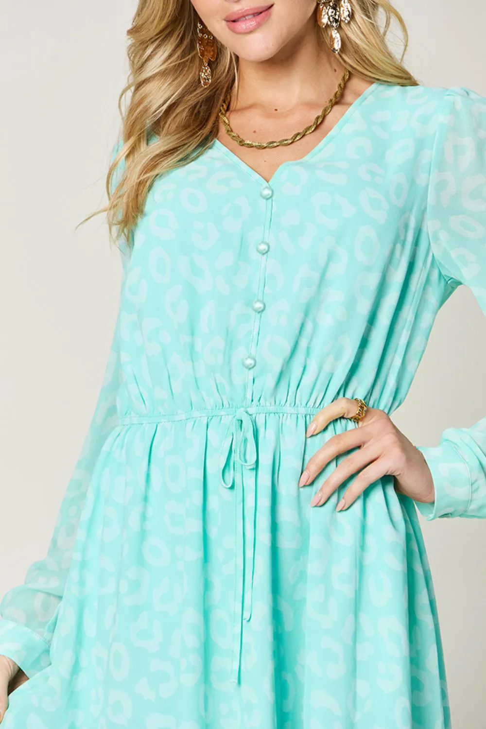 Full Size Printed Ruched V-Neck Long Sleeve Dress, image 14