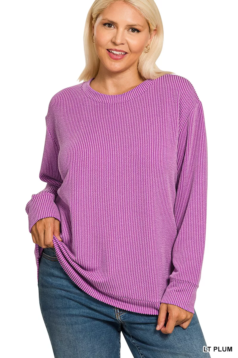 Full Size Raised Rib Round Neck Long Sleeve Top Plus Size, image 3