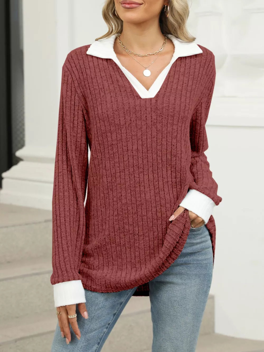 Ribbed Knit Long Sleeve T-Shirt, image 28
