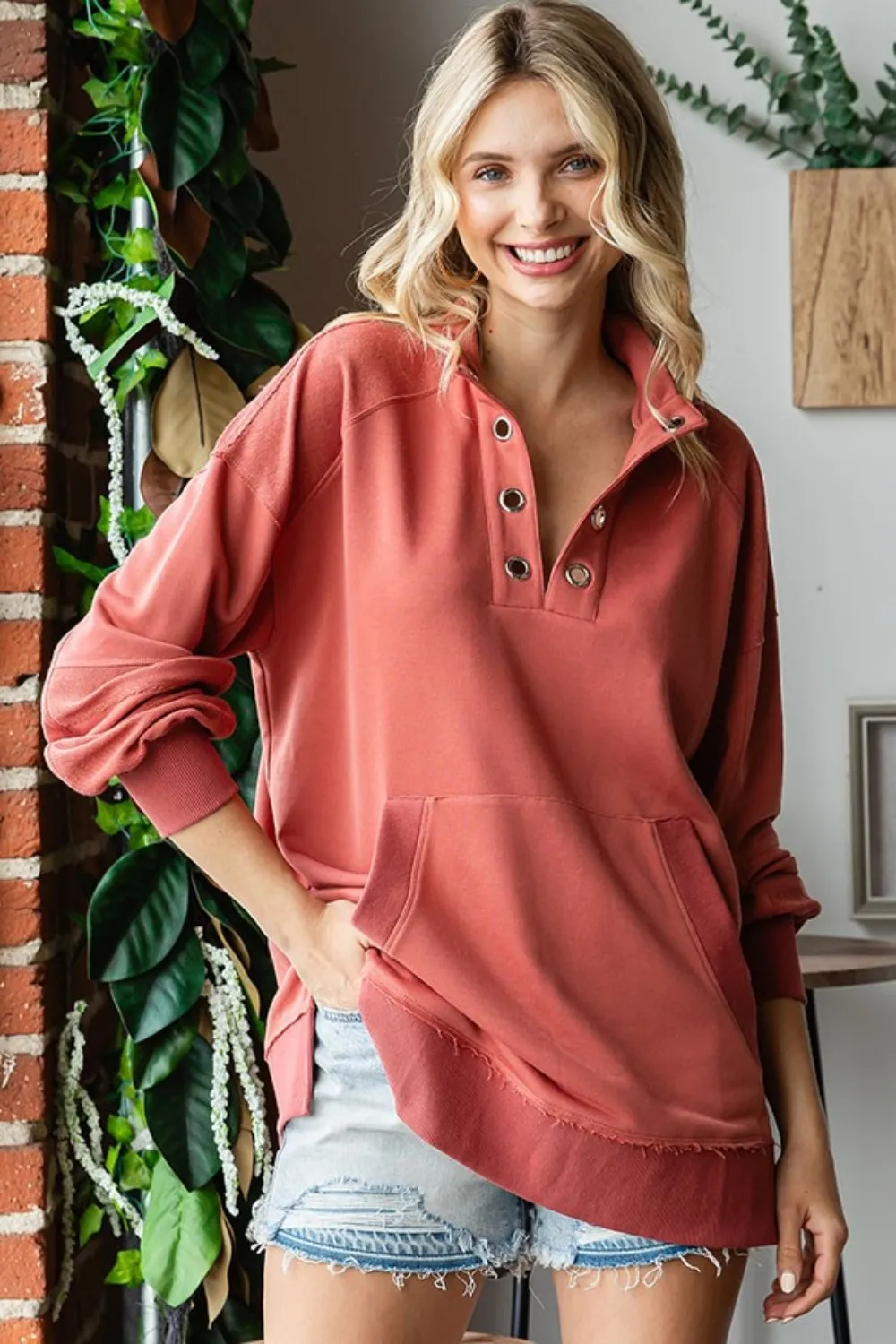 Grommet Split Neck Kangaroo Pocket Sweatshirt, image 5