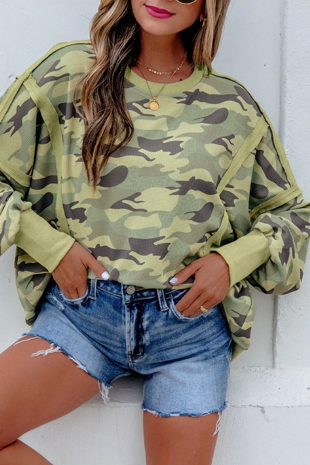 Camouflage Waffle Knit Raw Edge Contrast Trim Oversized Long Sleeve Top, image 6