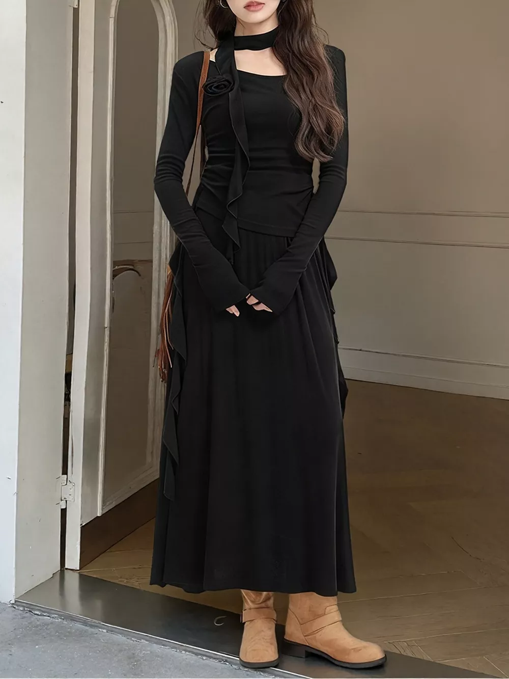Ruffled Long Sleeve Knit Top and Maxi Skirt Set, image 6
