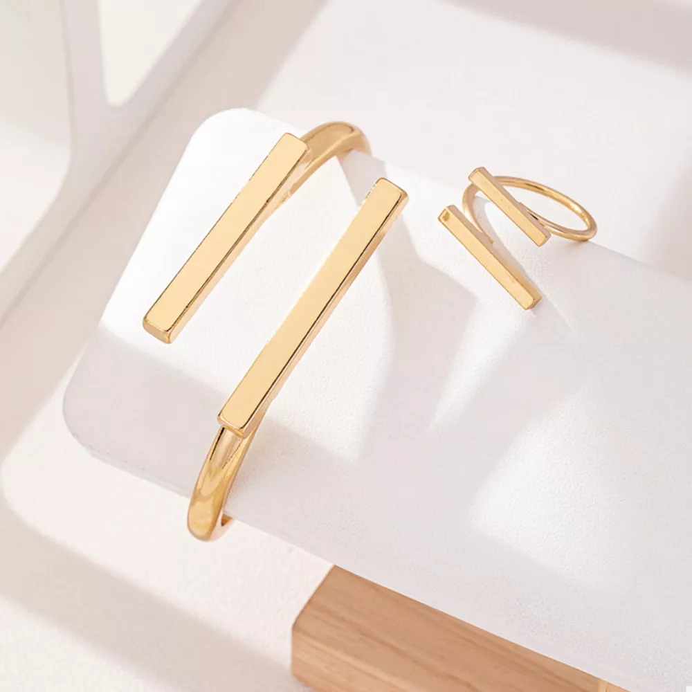 Adjustable 18K Gold-Plated Modern Bar Bracelet and Ring Jewelry Set, image 5