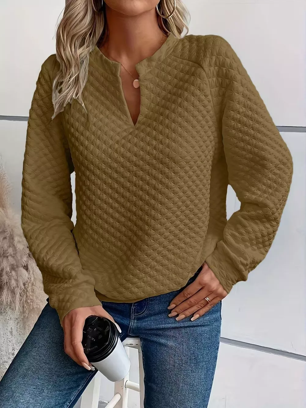 Quilted Texture Long Sleeve Sweatshirt with Notched Neck, image 12