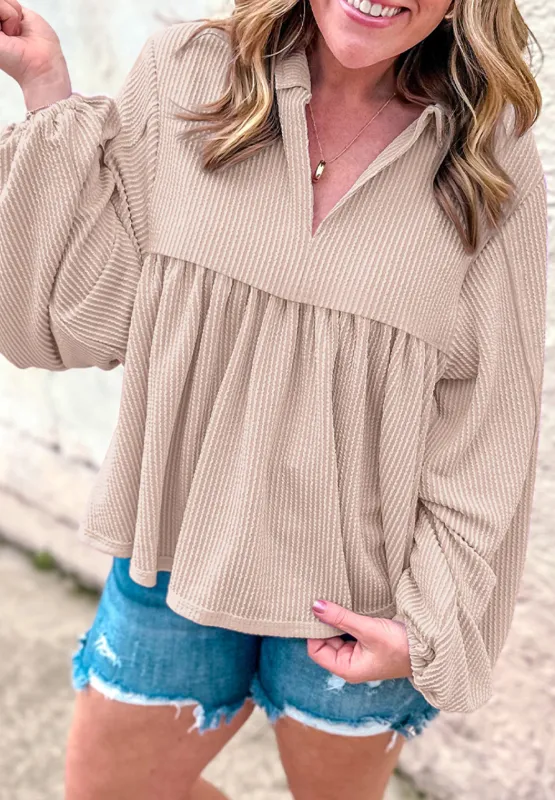 Corded Johnny Collar Long Sleeve Babydoll Blouse, image 16