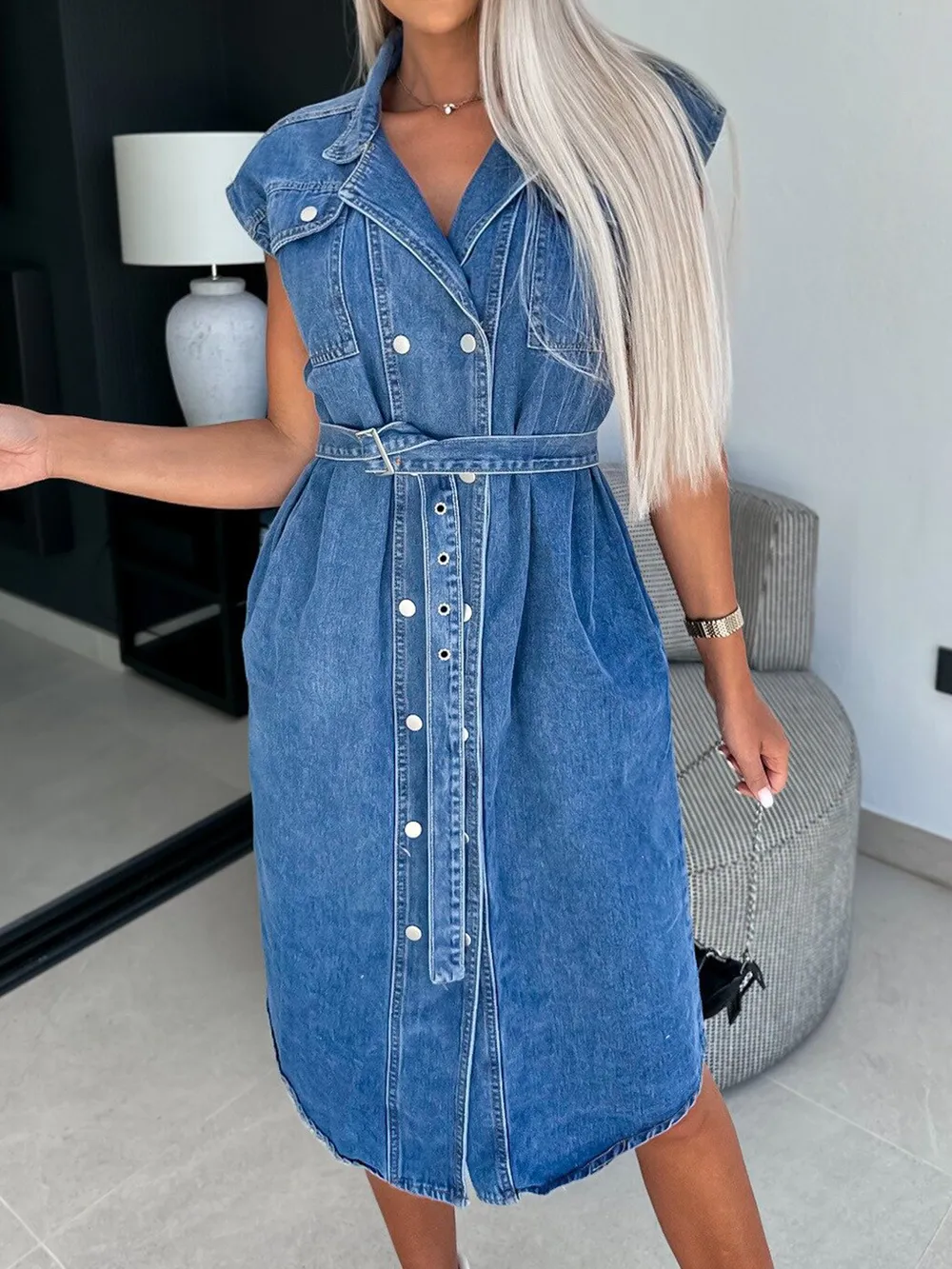 Collared Neck Cap Sleeve Denim Dress, image 9