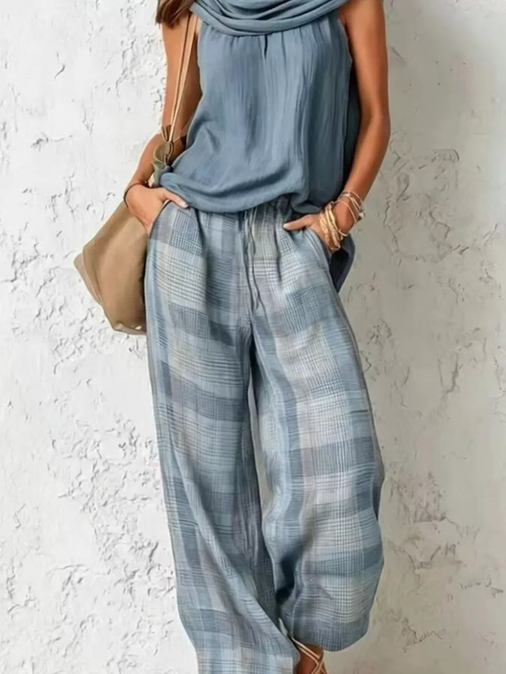 Full Size Sleeveless Cowl Neck Top and Plaid Wide-Leg Pant Two-Piece Set Plus Size, image 14