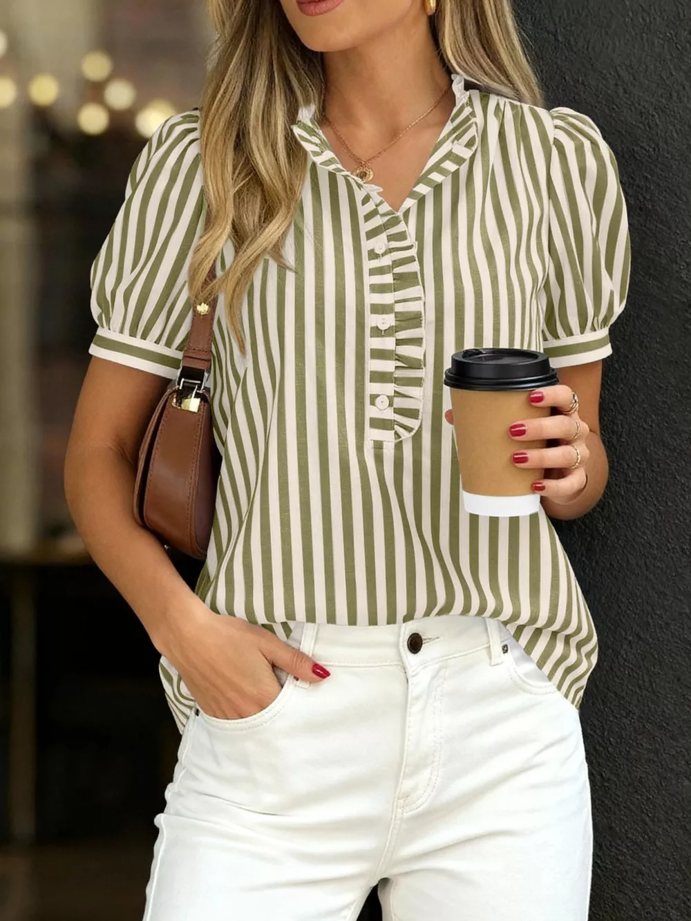 Frill Striped Puff Sleeve Blouse, image 18