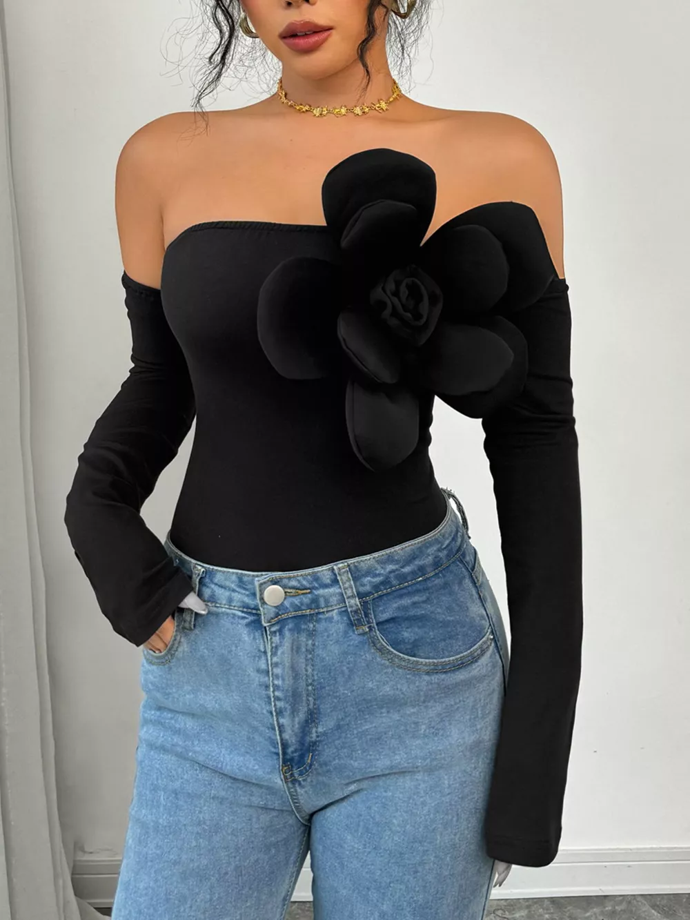 Flower Off-Shoulder Long Sleeve Bodysuit, image 5